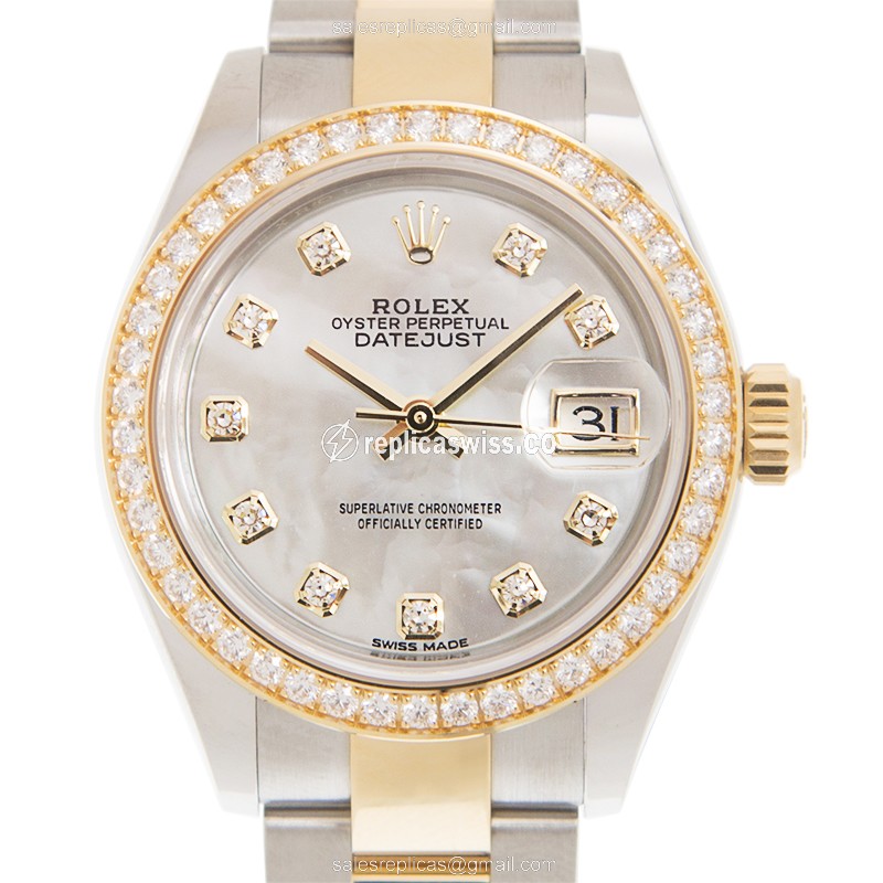 Rolex Lady Datejust Replica - Automatic - 18kt Gold & Diamond - White Dial, Gold Strap